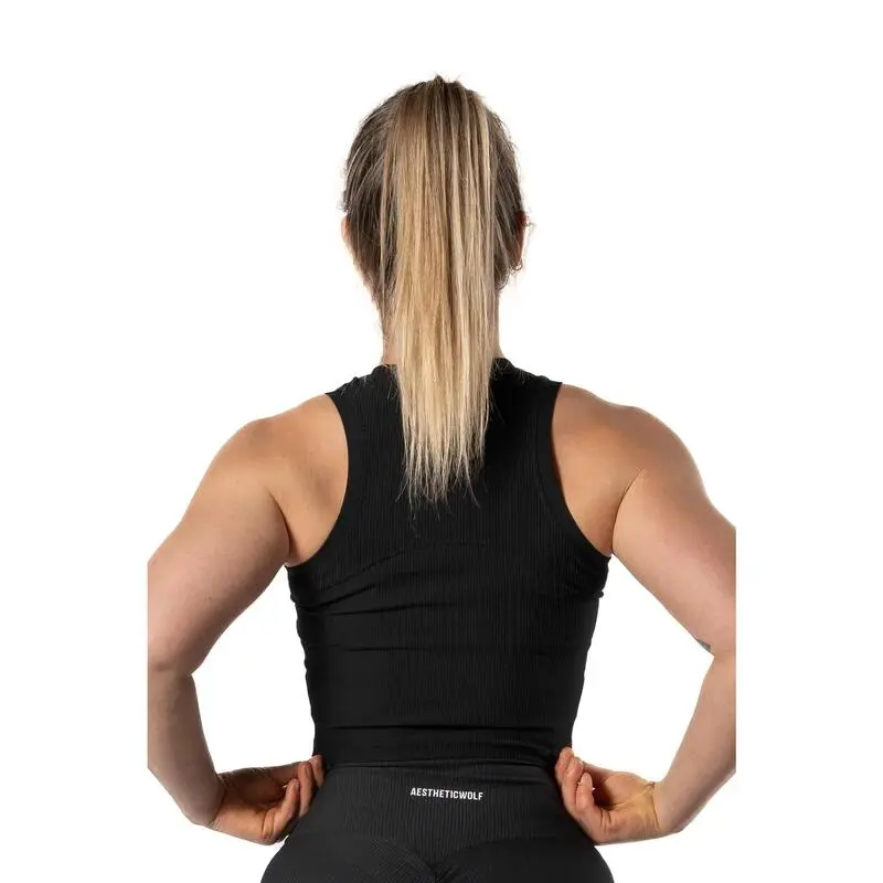 AESTHETIC WOLF Camiseta Canalada V2 Con Cuello Alto Fitness Negra - Imagen 2