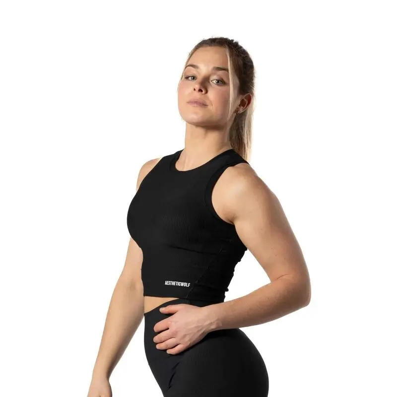 AESTHETIC WOLF Camiseta Canalada V2 Con Cuello Alto Fitness Negra - Imagen 3