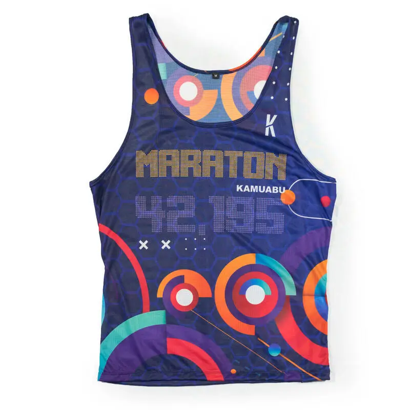 CAMISETA DE RUNNING #MARATON 2.0 RUN HOMBRE - KAMUABU Color AZUL 90grs TIRANTES