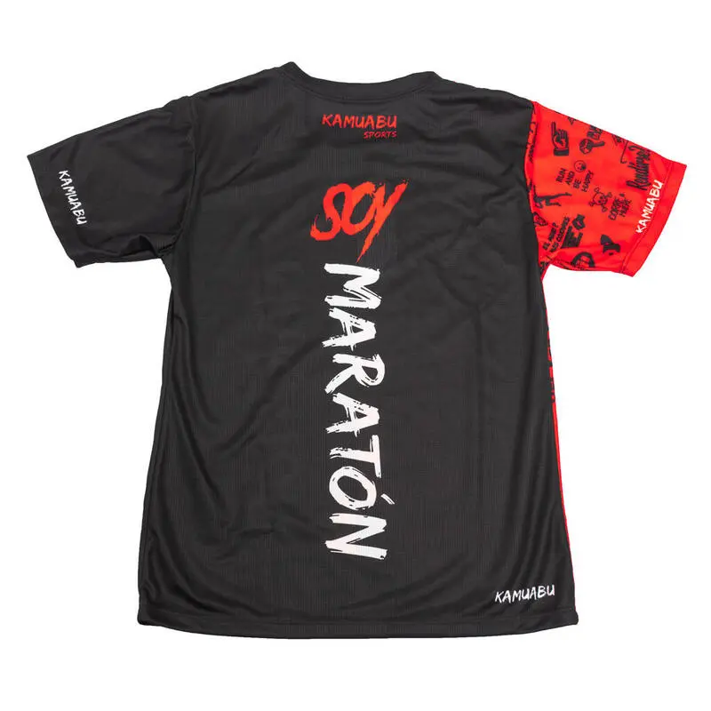 CAMISETA DE RUNNING #SOYMARATON Para MUJER - KAMUABU Color ROJO/NEGRO 110grs - Imagen 2