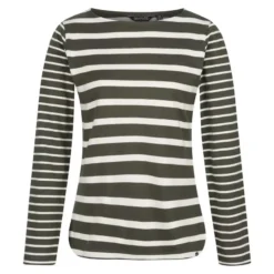 Regatta Camiseta Farida De Rayas De Manga Larga Para Mujer Caqui Oscuro, Vainilla Claro