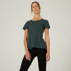 Domyos Camiseta Fitness 500 Mujer Verde Melaza Manga Corta Cuello Redondo Algodón