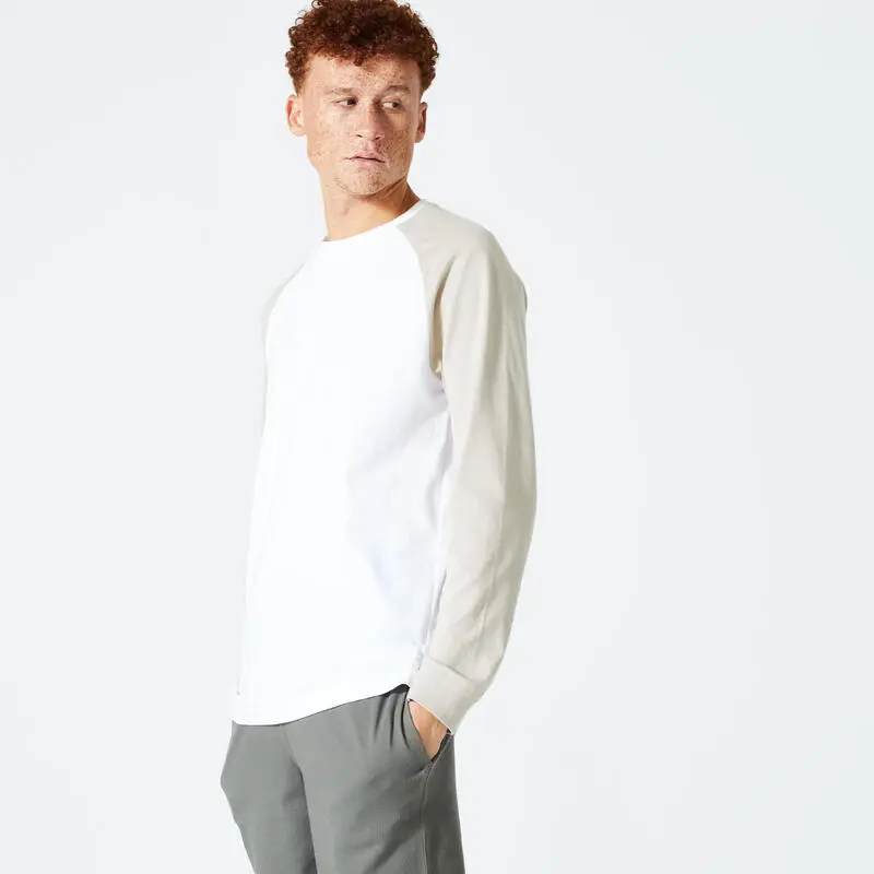 Camiseta Fitness Manga Larga Recta Algod贸n Hombre Domyos 520 Blanco Y Azul - Imagen 6