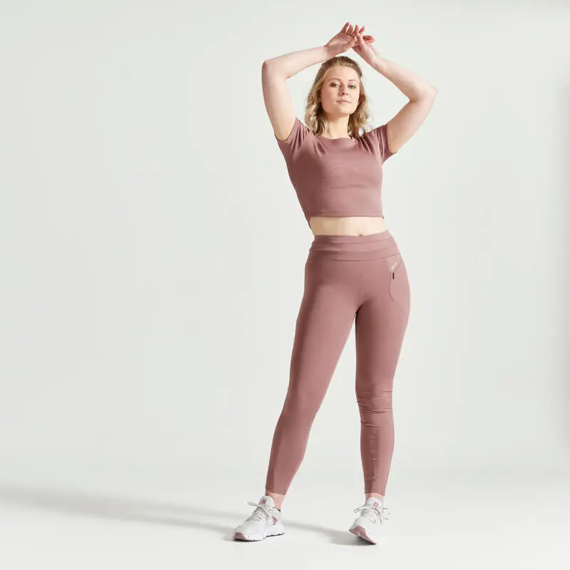 Camiseta Fitness Crop Top Manga Corta Mujer Domyos Marr贸n - Imagen 2