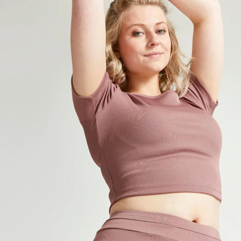Camiseta Fitness Crop Top Manga Corta Mujer Domyos Marr贸n - Imagen 3
