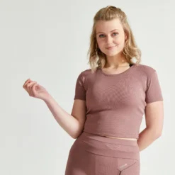 Camiseta Fitness Crop Top Manga Corta Mujer Domyos Marrón