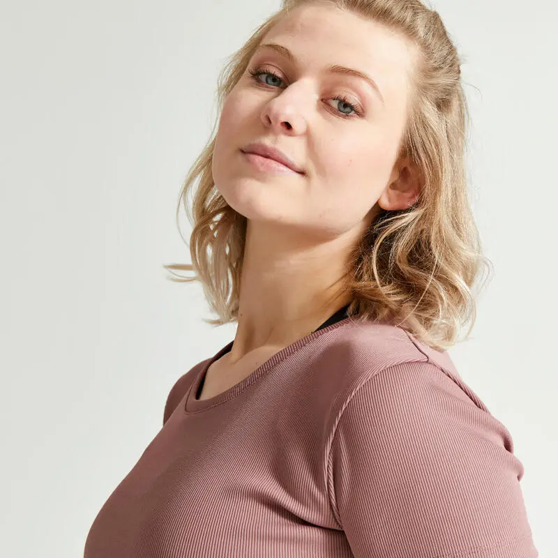 Camiseta Fitness Crop Top Manga Corta Mujer Domyos Marr贸n - Imagen 4