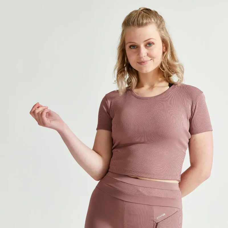 Camiseta Fitness Crop Top Manga Corta Mujer Domyos Marr贸n