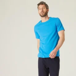 Camiseta Fitness Manga Corta Algodón Extensible Hombre Domyos Azul
