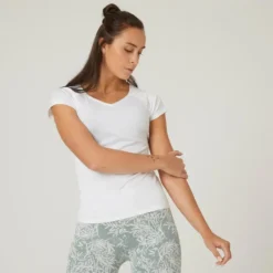 Domyos Camiseta Fitness Manga Corta Cuello Pico Algodón Extensible Mujer Blanco