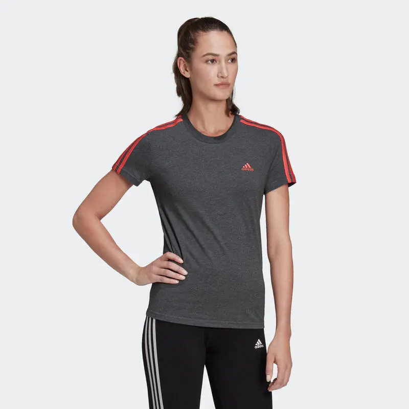 Camiseta Fitness Manga Corta Mujer Adidas Essentials Gris Y Rosa - Imagen 5
