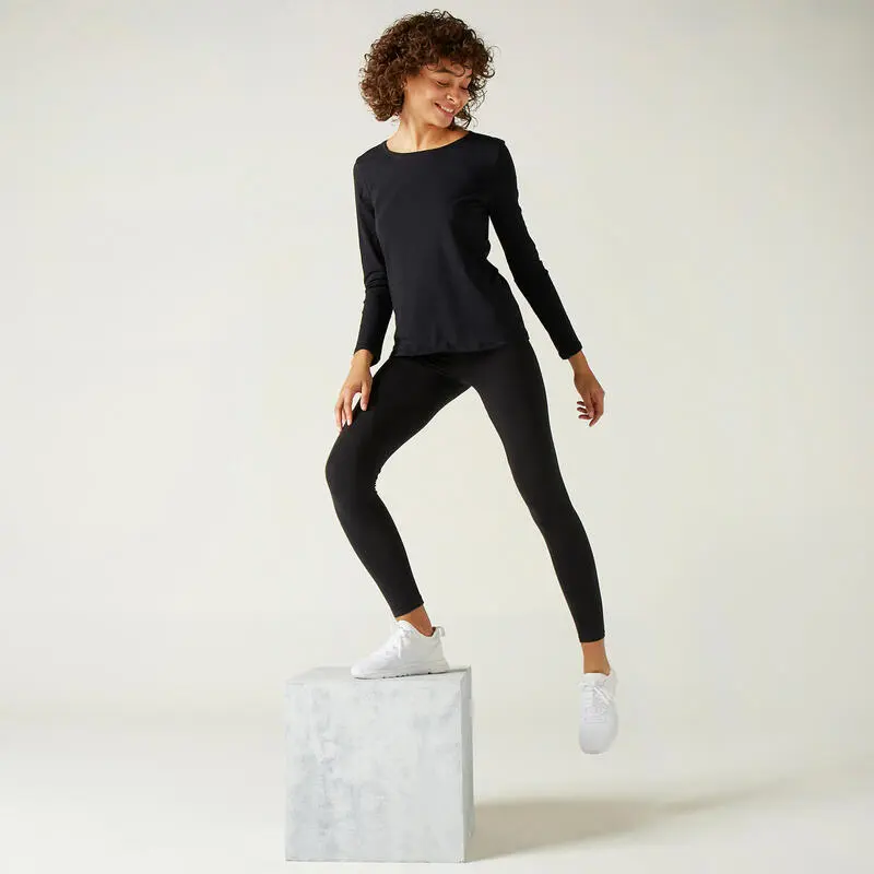 Camiseta Fitness Manga Larga B谩sica Algod贸n Mujer Domyos Negro - Imagen 3