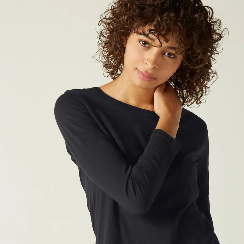 Camiseta Fitness Manga Larga B谩sica Algod贸n Mujer Domyos Negro - Imagen 4