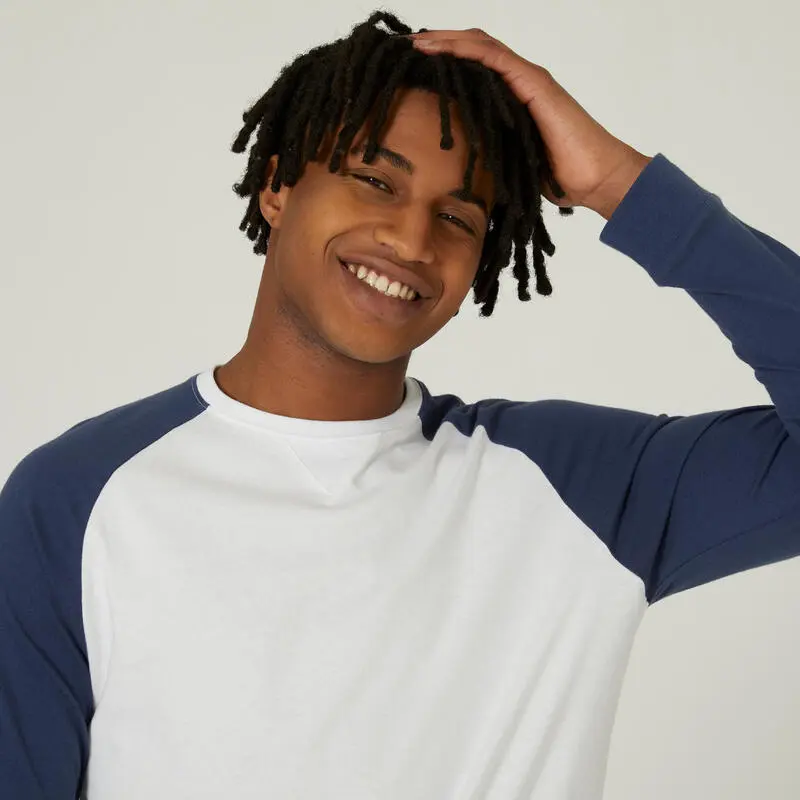 Camiseta Fitness Manga Larga Recta Algod贸n Hombre Domyos 520 Blanco Y Azul - Imagen 3