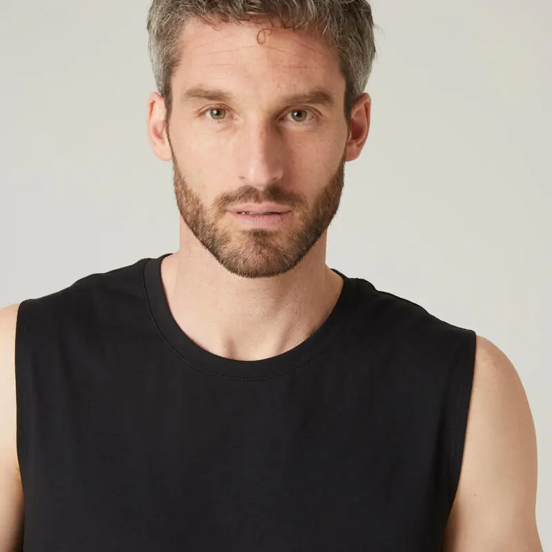 Camiseta Fitness Sin Mangas Cuello Redondo Algod贸n Hombre Domyos 500 Negro - Imagen 4