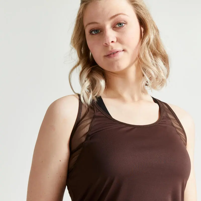 Camiseta Fitness Sin Mangas Tirantes Espalda Nadadora Mujer Domyos Marr贸n - Imagen 3