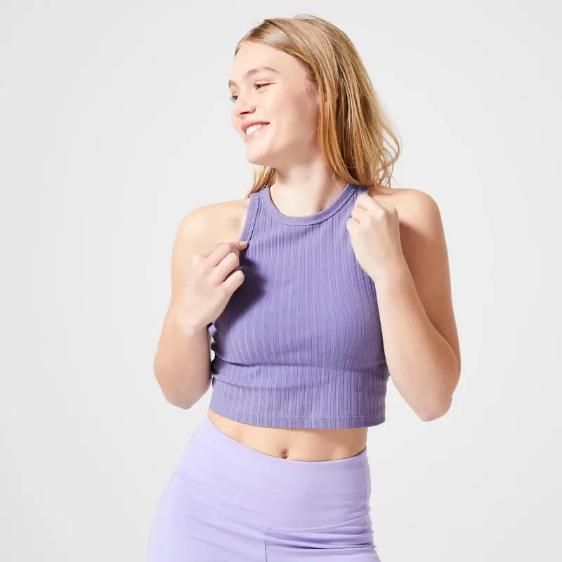 Domyos Camiseta Fitness Tirantes Crop Top Canalé 520 Mujer Negro - Imagen 6