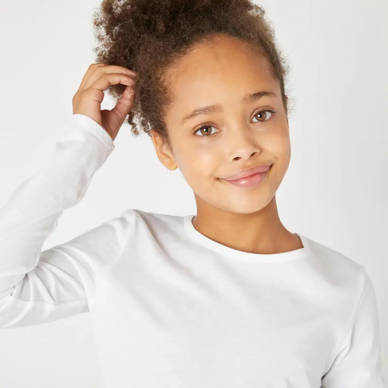 Camiseta Gimnasia Deportiva Manga Larga Algodón Básica Niños Domyos 100 Blanco - Imagen 3