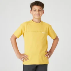 Camiseta Gimnasia Manga Corta Algodón Transpirable Niños Domyos 500 Amarillo