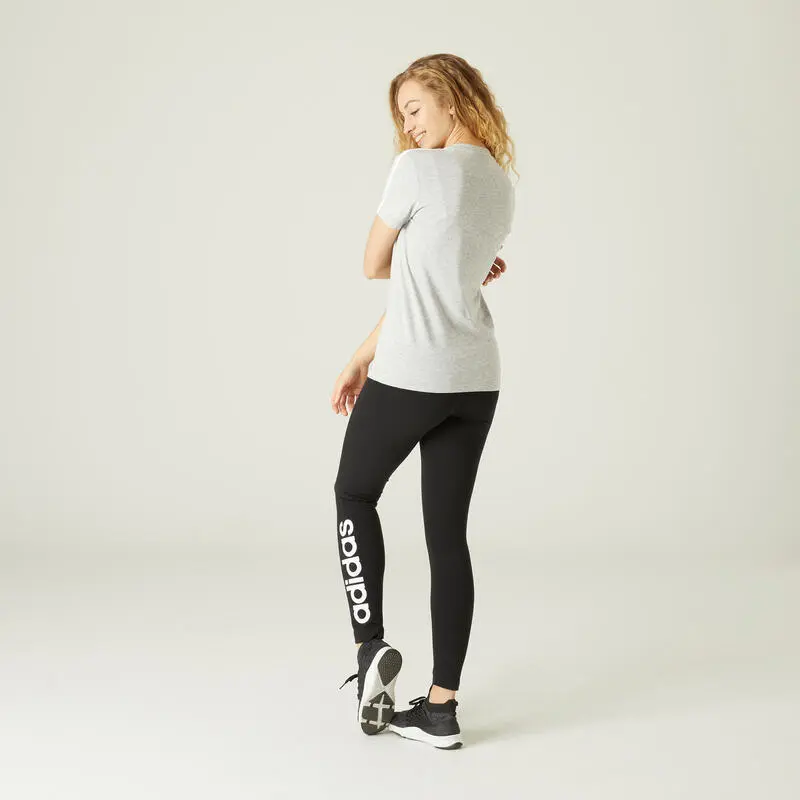 Camiseta Mujer Manga Corta 100% Algod贸n Adidas Fitness 3 Franjas Gris Jaspeado - Imagen 3