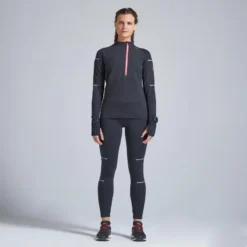 Camiseta Running Manga Larga Cremallera Mujer Kiprun Warm Negro Coral
