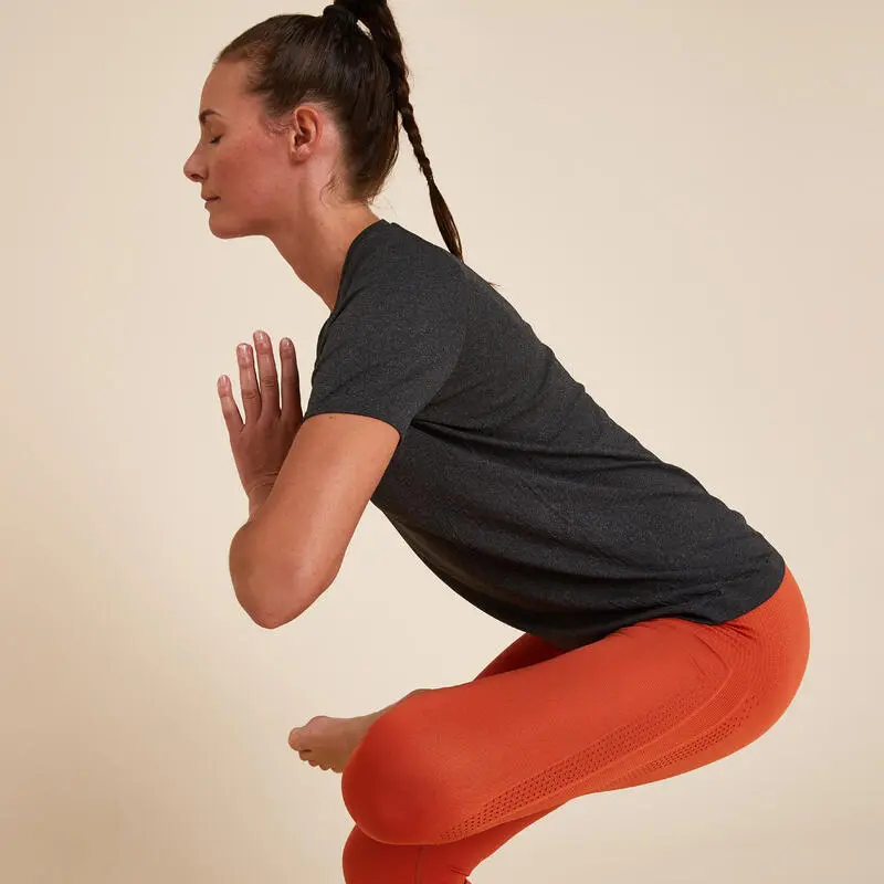 KIMJALY Camiseta Yoga Dinámico Mujer Negro Jaspeado Mangas Cortas - Imagen 4