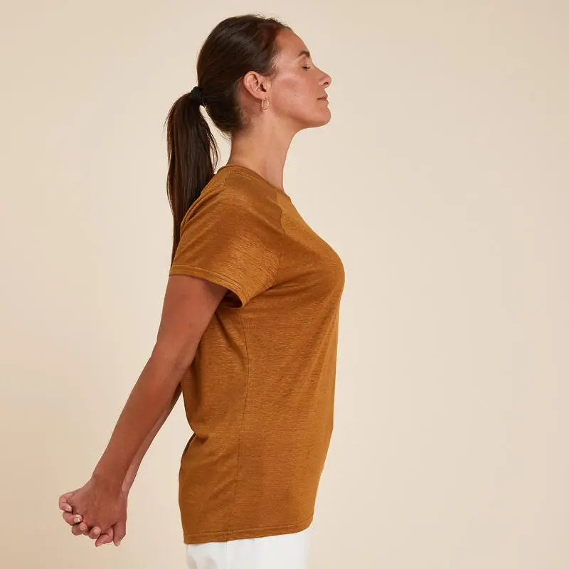 KIMJALY Camiseta Yoga Mujer Camel 100 % Lino Made In France - Imagen 3