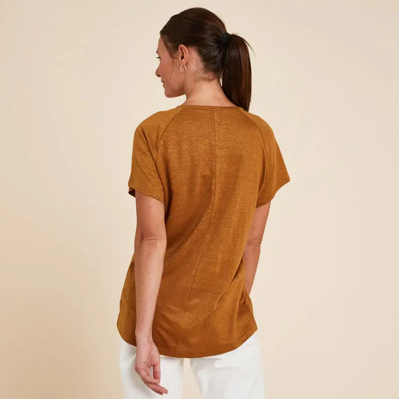 KIMJALY Camiseta Yoga Mujer Camel 100 % Lino Made In France - Imagen 4