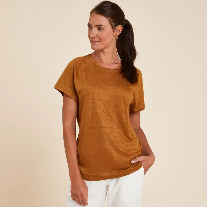 KIMJALY Camiseta Yoga Mujer Camel 100 % Lino Made In France