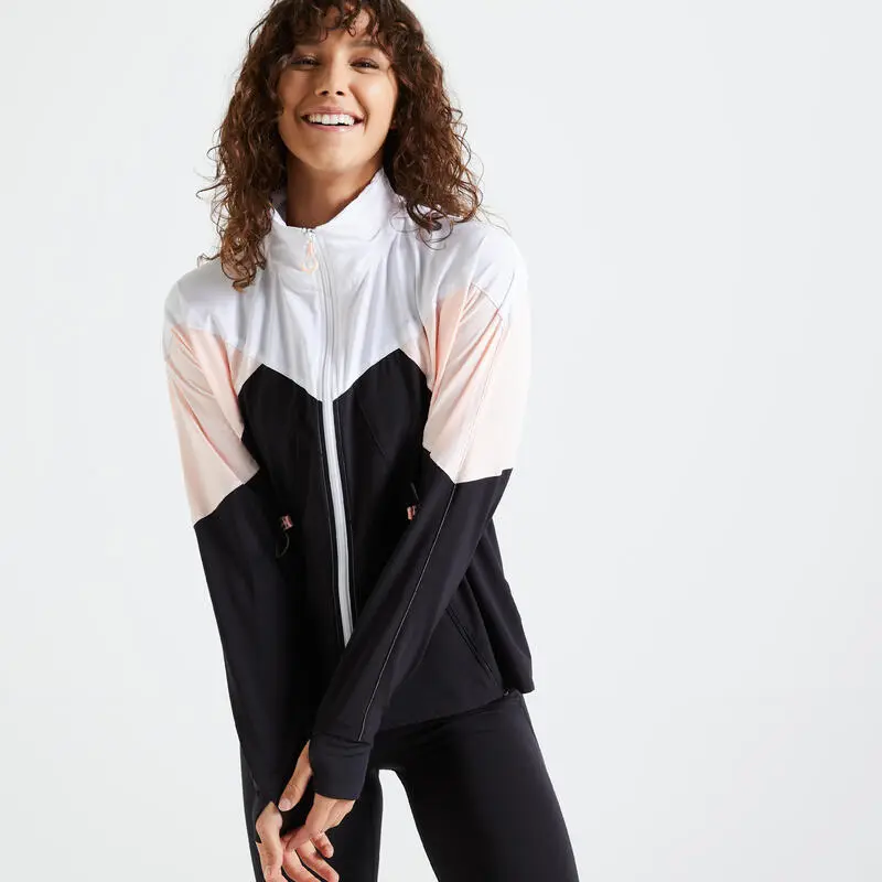 Chaqueta Fitness Con Capucha Amplia Mujer Domyos Negro Y Coral