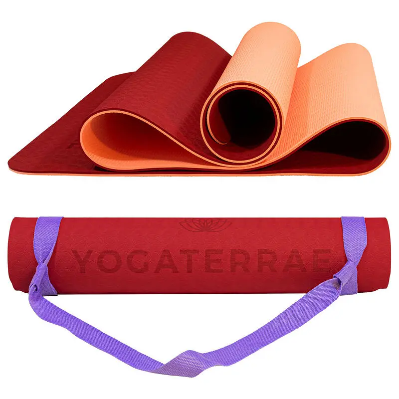 YOGATERRAE Esterilla De Yoga TPE Coral Bordeaux + Correa De Transporte Y Estiramiento