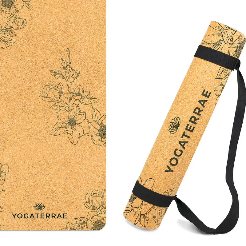 YOGATERRAE Esterilla Yoga Corcho Y Caucho Natural MAGNOLIAS + Correa + Bolsa De Transporte - Imagen 3