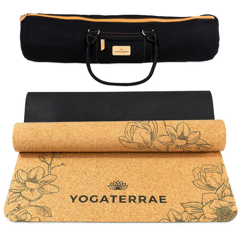 YOGATERRAE Esterilla Yoga Corcho Y Caucho Natural MAGNOLIAS + Correa + Bolsa De Transporte
