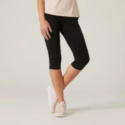 Leggings Mallas Fitness Corsario Corte Ajustado Algodón Mujer Domyos Fit+ Negro