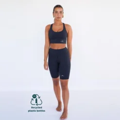 Leggings Mallas Fitness Cortos Sostenible Poliéster Mujer Fitplanet Ocean Negro