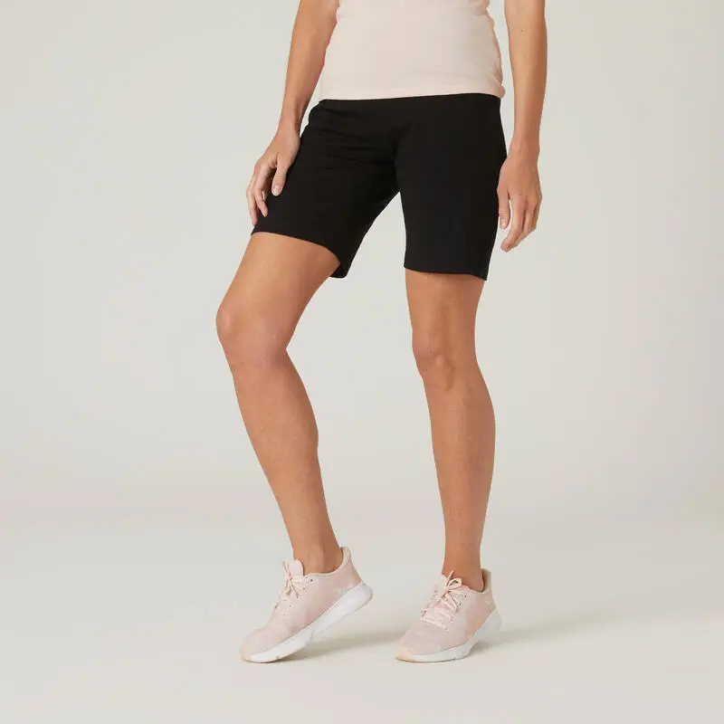 Mallas Short Fitness Algod贸n Recto Con Bolsillo Mujer Domyos Negro