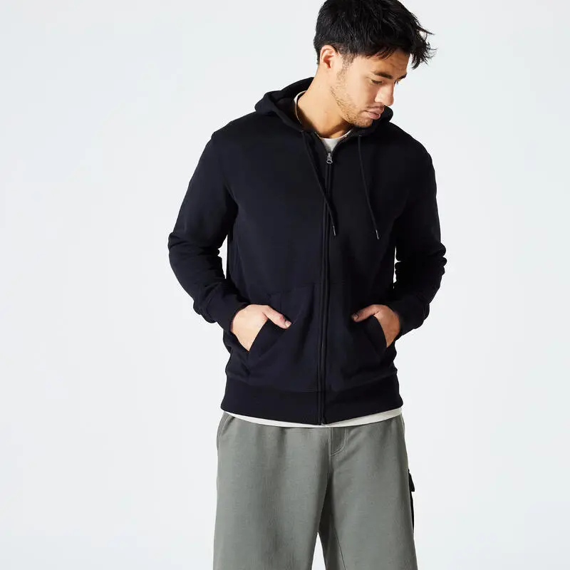 Domyos Sudadera Fitness 500 Essential Hombre Negro Cremallera Capucha